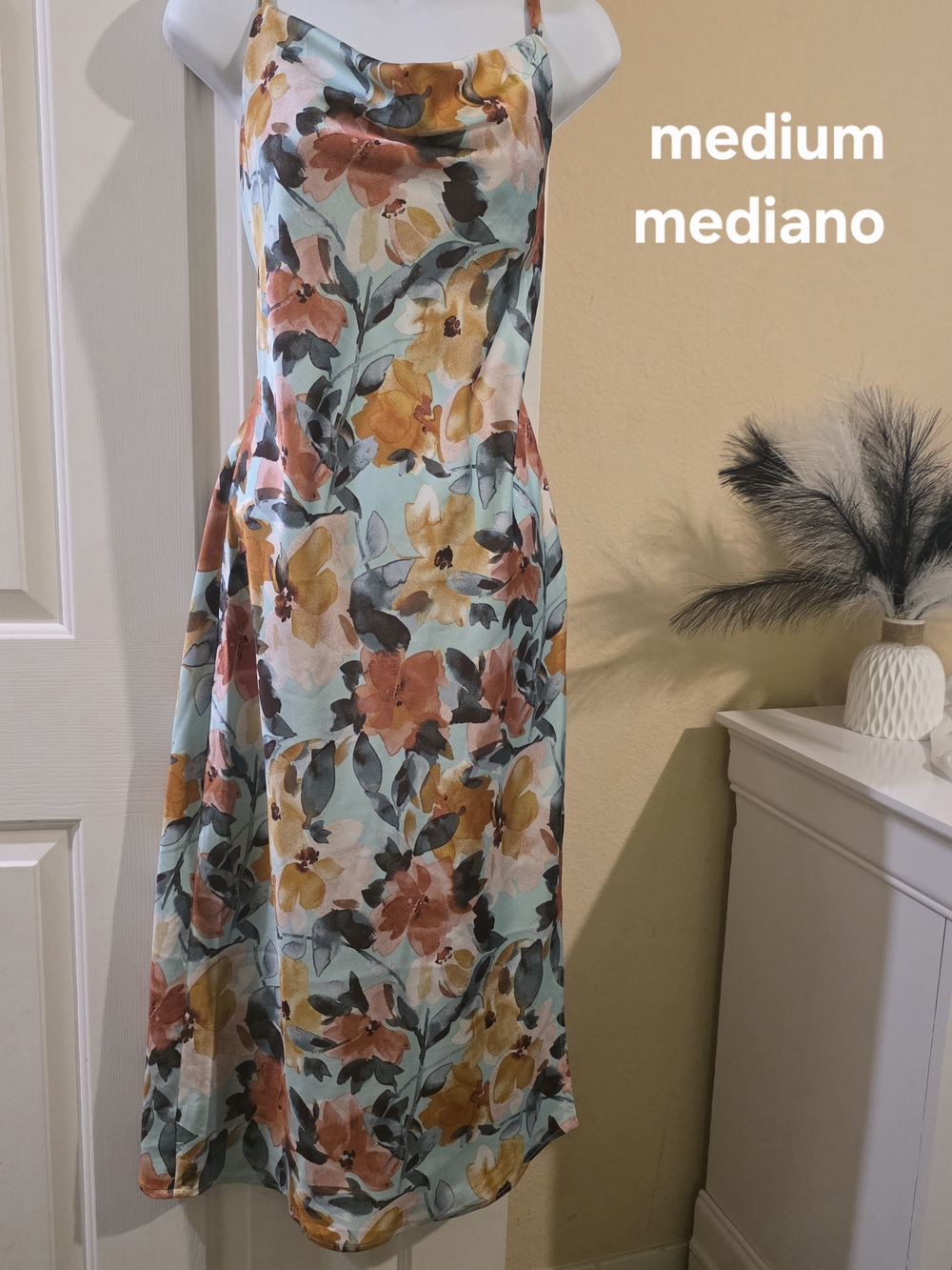 Floral Satin Slip Dress in Aqua and Coral